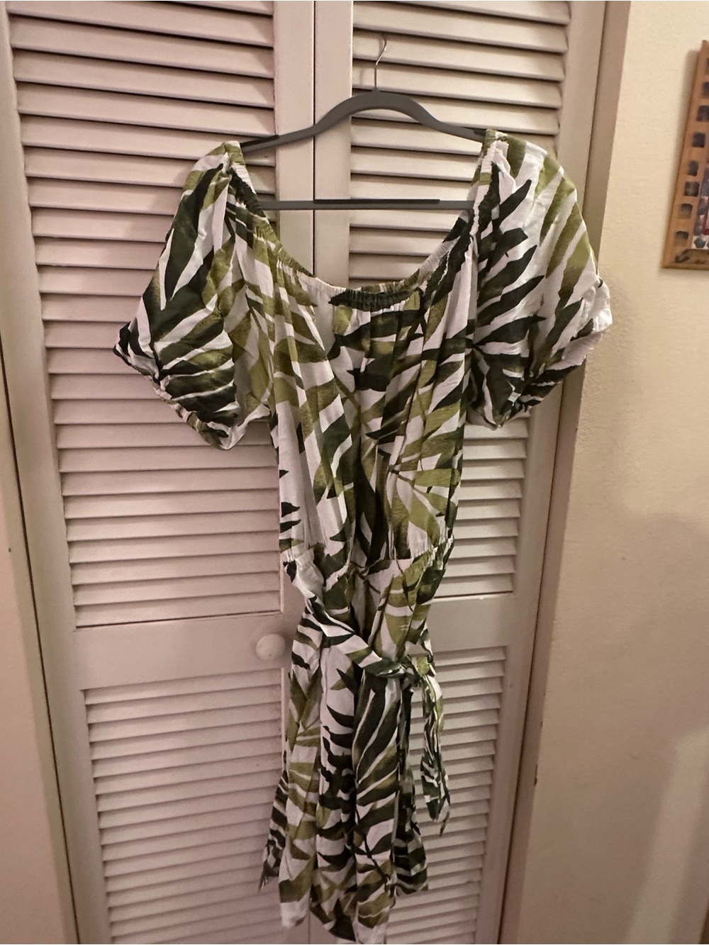 Ashley Stewart White and Olive Green Palm-Print Bermuda Dress